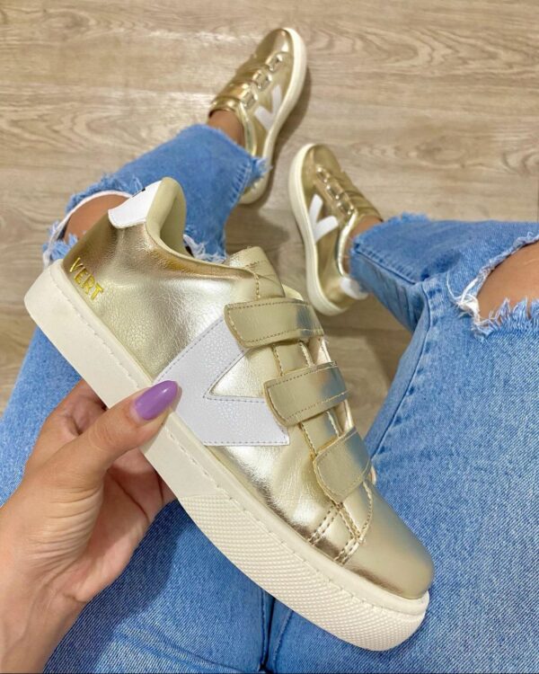 Tênis Vert Velcro Premium Feminino Dourado e Prata